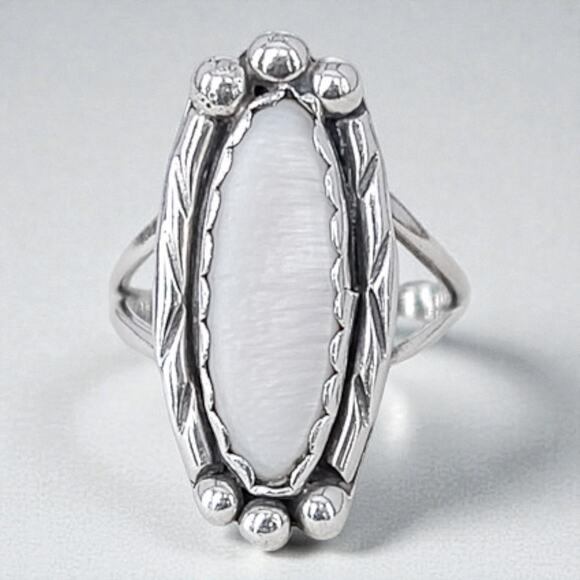 Vintage 925 Silver Abalone Shell Ring Boho Beach Iridescent Statement - Picture 1 of 7